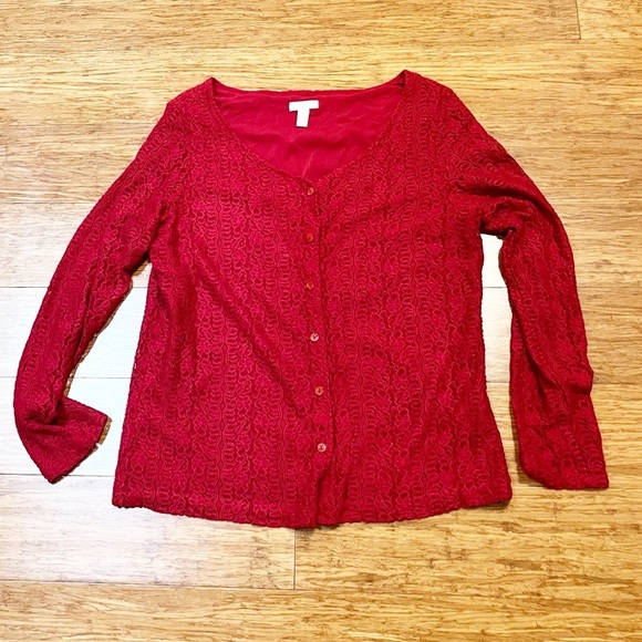 J. Jill Deep Red Lace Long Sleeve Button Front Cardigan. Size Women;'s Medium - Picture 3 of 12